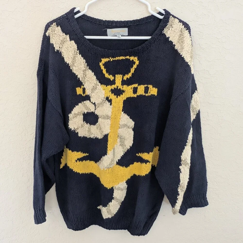 Vintage Aquascutum Knit Sweater Anchor Sailboat Nautical Size M Cotton - Picture 1 of 6